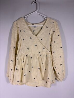 Madewell Cream Faux Wrap Top with Navy Bow Embroidery Size Small